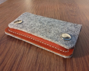 Card holder Credit card holder wallet felt wallet purse card wallet - Light grey felt and brown leather