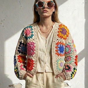 Gehaakt oma vierkant vest, handgemaakte boho gebreide trui, kleurrijk patchwork vest, oversized grof gehaakt jasje