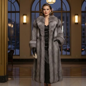 Puede incluir: Un abrigo largo de piel de color gris plateado con un cuello ancho y puños. El abrigo se lleva sobre un vestido negro, con guantes negros y un pequeño bolso de mano con cuentas. El fondo presenta grandes ventanas y detalles arquitectónicos.