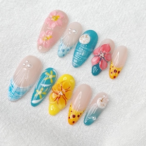 3D Sakura Seashell Press On Nails: Pearl Beach Holiday Almond Nails