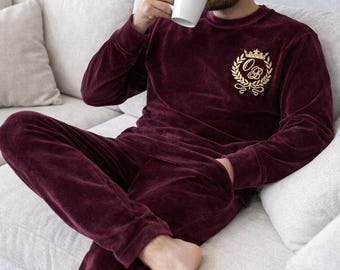 Men’s Pajama Set – Cotton Knit Two-Piece Loungewear with Embroidery, Oversized Top & Pants, Groomsmen Gift for Him