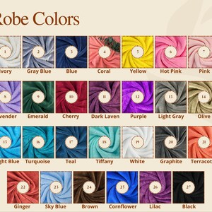 May include: A colour chart titled "Robe Colors" displays 27 fabric swatches in various shades. Colours include ivory, blue, pink, purple, green, and brown. Each swatch is numbered and labelled with its corresponding colour name.