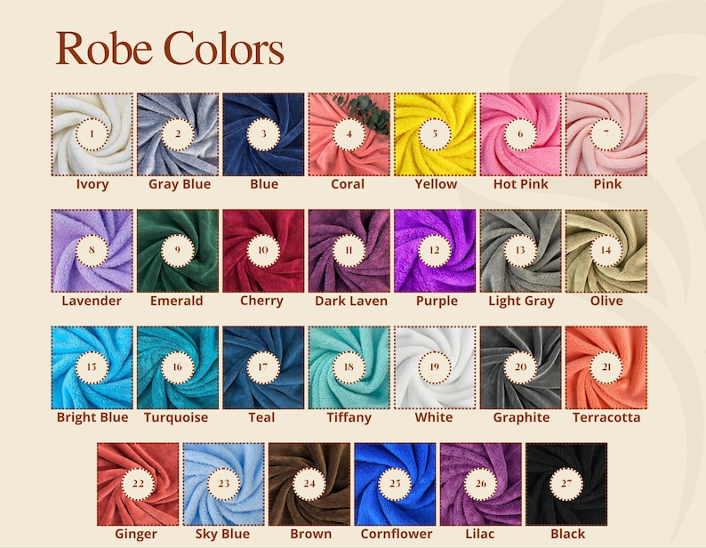 May include: A colour chart titled "Robe Colors" displays 27 fabric swatches in various shades. Colours include ivory, blue, pink, purple, green, and brown. Each swatch is numbered and labelled with its corresponding colour name.