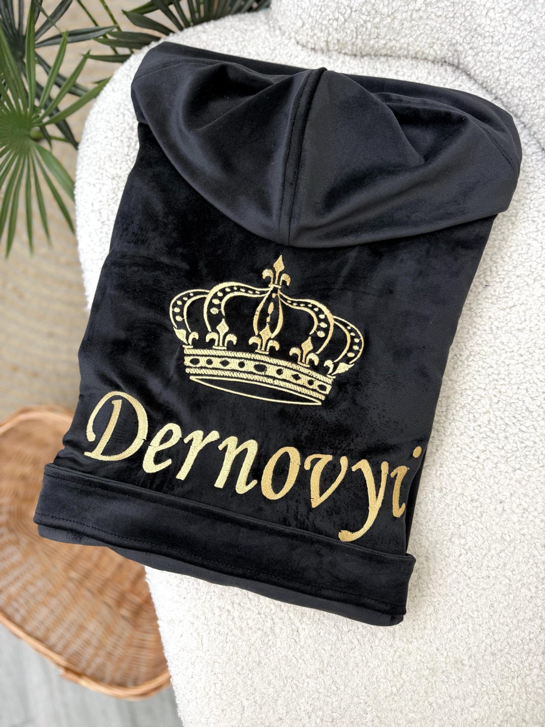 Black Velour Mens Robe With Custom Embroidery, Men Hooded Robe ...