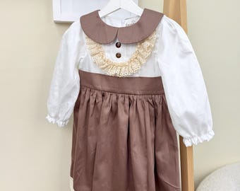 Vestido marrón y blanco para bebé niña con cuello y ribete de encaje, vestido para el primer cumpleaños, conjunto de bautizo, vestido de bautismo para niña pequeña.