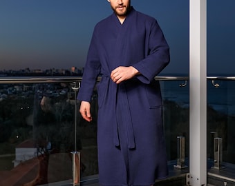 Men Waffle Robe Personalized Embroidery, Bathrobe for Him, Lightweight Mens Bath Robe, Blue Long Loungewear for Him, Custom Gift for Dad