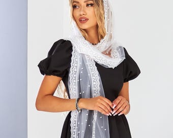 Mantilla de capilla con encaje de perlas (180 x 60 cm), tul para cubrir la cabeza, velo católico para misa latina, peineta y bolsa de regalo.