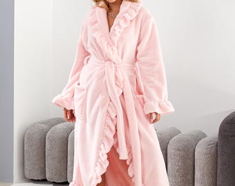 Long Ruffle Dressing Gown – Soft Knit Wrap Robe with Belt, Pink Housecoat, Cozy Loungewear, Sizes S–7XL, Handmade Christmas Gift