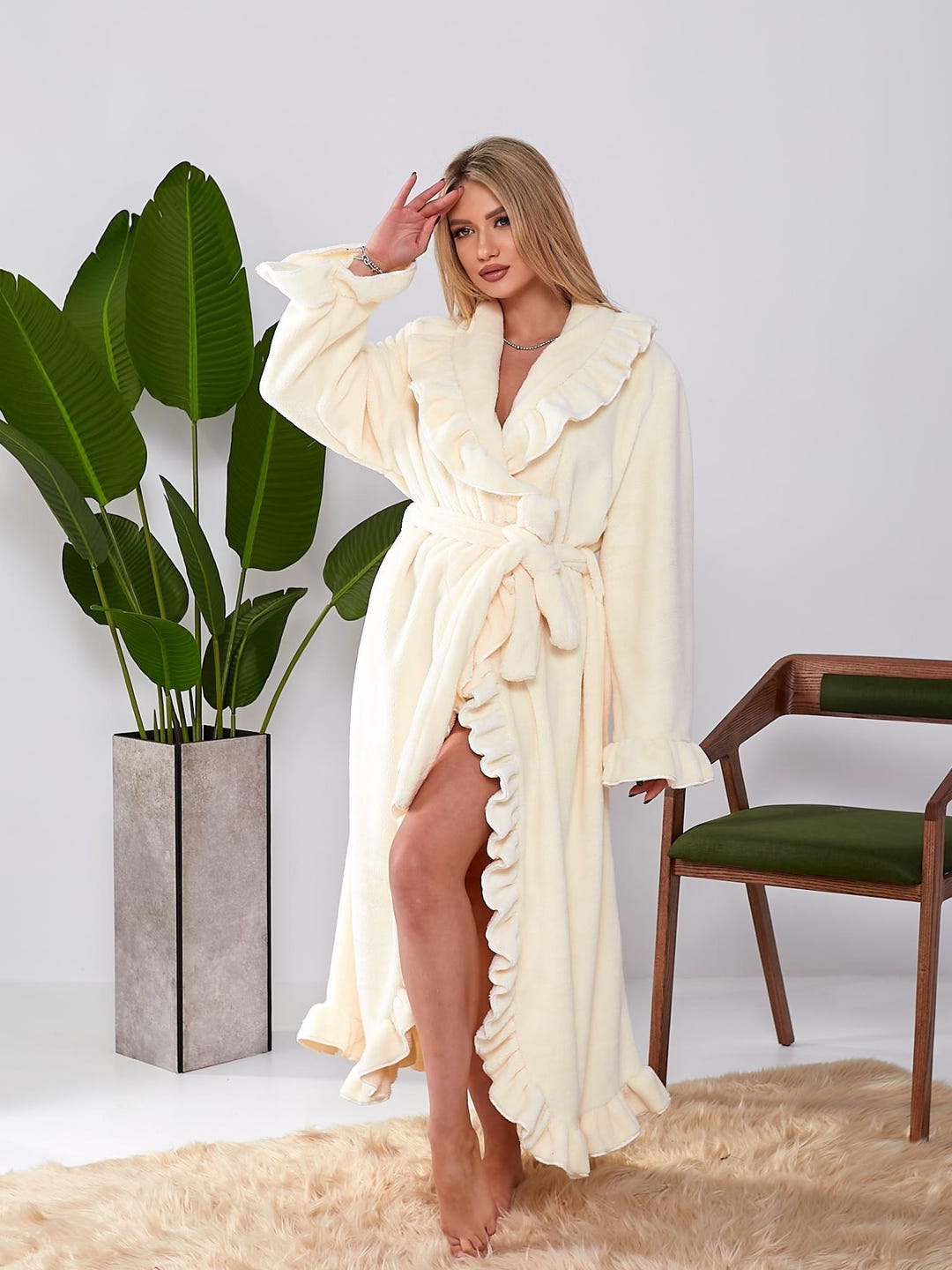 Ruffle Wrap Robe for Women – Long Warm Loungewear, Belted Housecoat ...