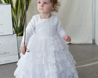 Långärmad vit spetsklänning för babyflicka, dopklänning, dopklänning, brudeklänning för dop, nattvardsklänning