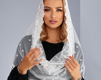 Mantilla de encaje con capucha – Velo de capilla Infinity, tocado católico de tul transparente, blanco, talla única + bolsa de regalo con peine