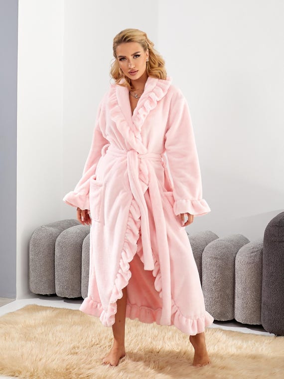 christmas dressing gown womens Long Ruffle – Soft Knit Wrap Robe with Belt, Pink Housecoat, Cozy Loungewear, Sizes S–7XL, Handmade Gift womens formal christmas dress