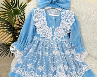 Conjunto de vestido de terciopelo azul para bebé niña con gorro a juego, vestido de encaje blanco y terciopelo azul para niña pequeña, vestido para el primer cumpleaños