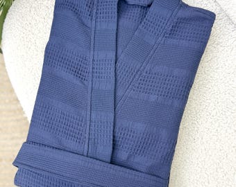 Personalized Men's 100% Cotton Waffle Robe, Embroidered Spa Comfort Bathrobe For Men, Blue Floor Men Cover Up