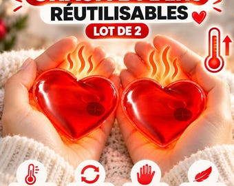 Puede incluir: Dos calentadores de manos reutilizables en forma de corazón rojo con un disco metálico en el interior. El texto dice CHAUFFE-MAINS REUTILISABLES LOT DE 2, CHALEUR INSTANTANEE, REUTILISABLES, FACILES A UTILISER, LEGERS ET PRATIQUES, con iconos.