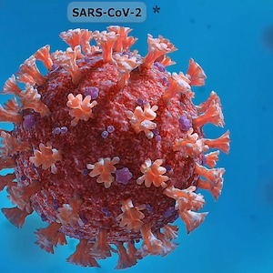 May include: A detailed 3D rendering of the SARS-CoV-2 virus, featuring a red and orange spherical structure with numerous spike proteins. The background is a gradient of blue. The text "SARS-CoV-2 *" is at the top.