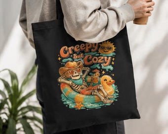 Creepy But Cozy Shirt or Tote Bag Summerween Skeleton TShirt Retro Halloween Pool Float Tee Graphic Beach Skeleton Canvas Bag Custom Gift