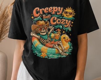 Creepy But Cozy Shirt Summerween Skeleton TShirt Retro Halloween Pool Float Tee Graphic Beach Skeleton Shirt Trendy Spooky Summer Gift
