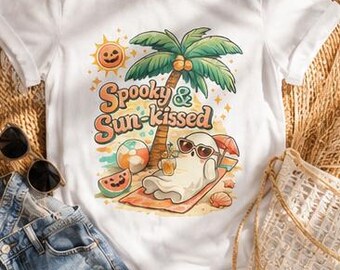 Summerween Ghost Shirt Spooky and Sun Kissed TShirt Beach Ghost Graphic Tee Cute Halloween Summer T Shirt Bella Canvas Trendy Ghost Gift