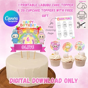 Editable Labubu Cake Topper & Cupcake Toppers pack | Cute Labubu Monster Birthday Topper, Party Decor + Free Coloring Page | Canva Template
