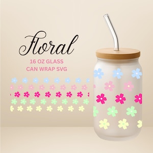 Floral Glass Can Wrap SVG PNG: 16 Unzen Libbey Glass Design (Digitaler Download