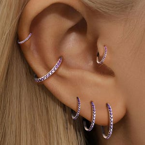 G23 Titanium Purple Zircon Cartilage Hoop, CZ Huggie, Waterproof Hypoallergenic Helix, Tragus, Lobe Piercing Jewelry | 6mm 8mm 10mm 12mm