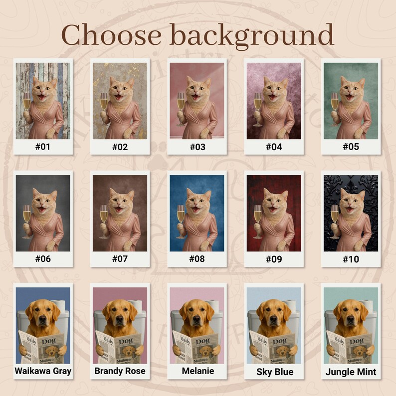 May include: A selection of framed portraits featuring cats and dogs in various poses and backgrounds. The cats are dressed in formal attire and holding champagne glasses. The dogs are reading newspapers. The text "Choose background" is at the top.