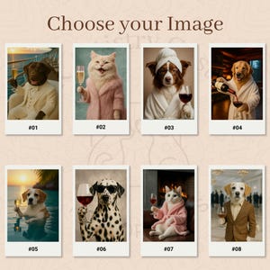 May include: A collection of eight framed images featuring anthropomorphic animals. The images include a dog in a suit holding champagne, a cat in a pink coat, a dog in a bathrobe with a wine glass, and a dog pouring wine. The text "Choose your Image" is at the top.