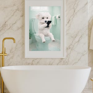 Custom Pet Bathroom Portrait, Dog or Cat on Toilet, scrolling a phone. Personalized Wall Art.