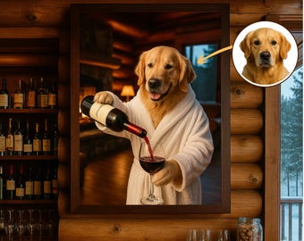 May include: A framed print depicts a Golden Retriever in a white robe pouring red wine into a glass. The dog is smiling. A smaller inset image of the dog's face is in the upper right corner. The background shows a cozy cabin interior.
