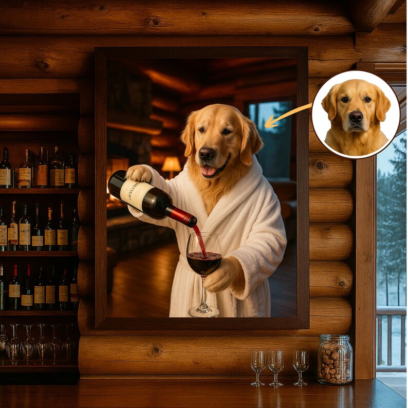 May include: A framed print depicts a Golden Retriever in a white robe pouring red wine into a glass. The dog is smiling. A smaller inset image of the dog's face is in the upper right corner. The background shows a cozy cabin interior.