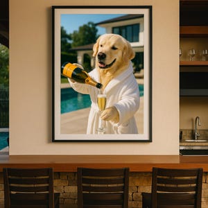 May include: Framed print featuring a Golden Retriever in a white robe pouring champagne into a glass. The dog is smiling, with a swimming pool and a house in the background. The champagne bottle has a black and gold label.