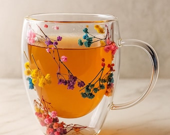 Floral Double-Walled Glass Coffee Mug – Elegant Insulated Tea Cup, 350ml – Heat Resistant Gift for Coffee Lovers, Aesthetic Glass Mug