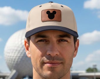Mickey Mouse Leather Patch Hat, Disney Snapback Cap,  Leather Patch Hat, Disney World Hat, Theme Park Hat