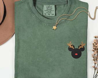 Custom Disney Embroidered Christmas Shirt, Comfort Colors® Mickey Embroidered Tee, Christmas Family Disney Vacation Shirts