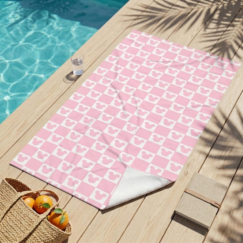Mickey Mouse Beach Towel, Disney Beach Towel, Disney Cruise Towel, Disney World Towel, Disneyland Towel, Pink Checkered Towel