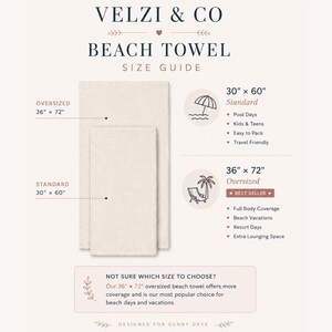 Puede incluir: Una gu&iacute;a de tallas de toallas de playa Velzi & Co que muestra dos toallas beige. El tama&ntilde;o est&aacute;ndar es de 30 por 60 pulgadas y la versi&oacute;n extragrande es de 36 por 72 pulgadas. El gr&aacute;fico incluye iconos de sombrilla y silla de playa con palmeras.
