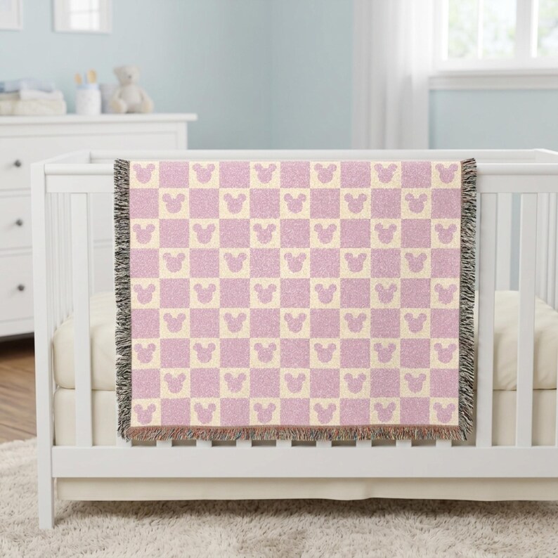 Mickey Mouse Woven Blanket, Disney Blanket, Pink Checkered Throw, Disney Home Decor, Disney Nursery Decor, Mickey Gift