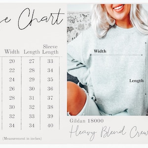 May include: A size chart for a crewneck sweatshirt, with measurements in inches. The chart lists sizes S through 5XL, with corresponding width, length, and sleeve length measurements. The sweatshirt is a Heavy Blend Crewneck by Gildan 18000.