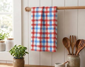 Strofinaccio da cucina a quadretti patriottici, decorazione per la cucina del 4 luglio, strofinaccio da cucina in stile americano, decorazioni rosse, bianche e blu, decorazioni estive in stile rustico.