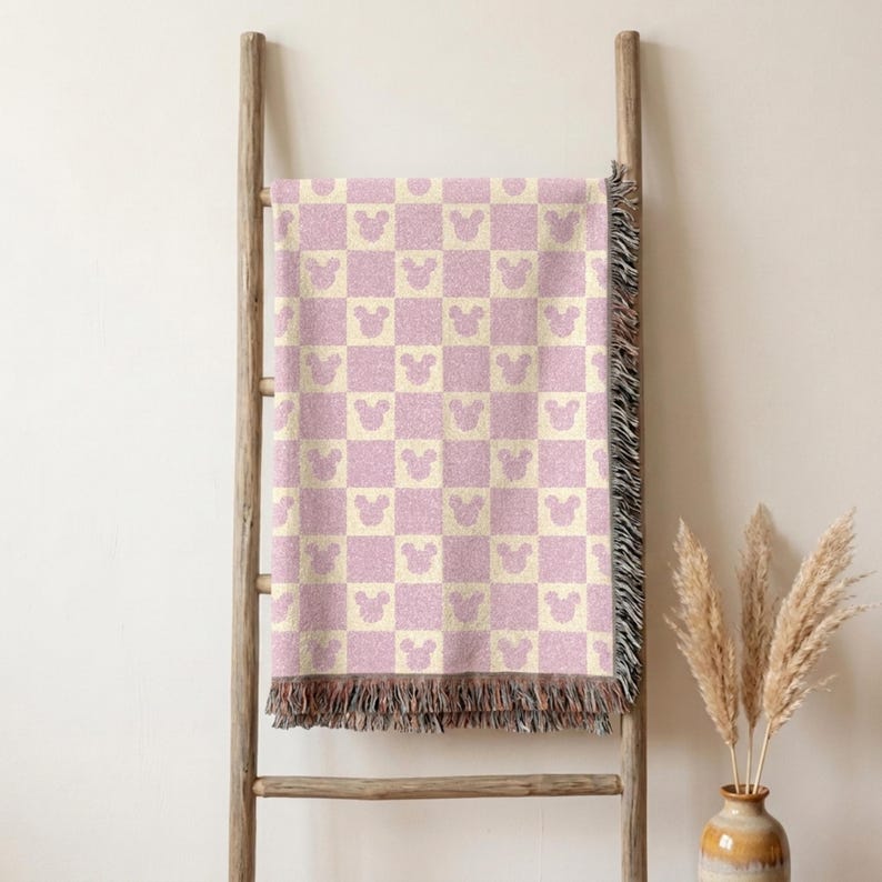Mickey Mouse Woven Blanket, Disney Blanket, Pink Checkered Throw, Disney Home Decor, Disney Nursery Decor, Mickey Gift