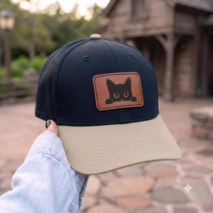 Chapeau patch en cuir chat noir, chapeau de maman chat, chapeau d'Halloween, cadeau pour amoureux des chats, chapeau de sorcière, tenue d'automne, casquette de la saison effrayante