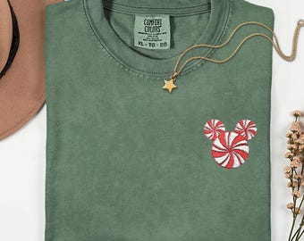 Peppermint Mickey Embroidered Shirt, Disney Christmas Tee, Theme Park Holiday T-Shirt, Mickey Embroidered Shirt