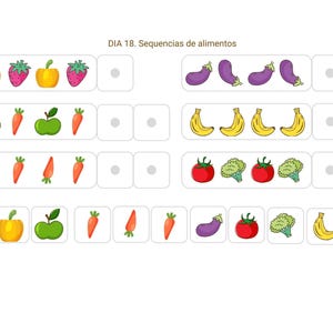May include: A colorful educational chart with illustrations of fruits and vegetables. The chart includes images of apples, carrots, bananas, strawberries, eggplants, tomatoes, broccoli, and pumpkins. The text "DIA 18. Secuencias de alimentos" is at the top.