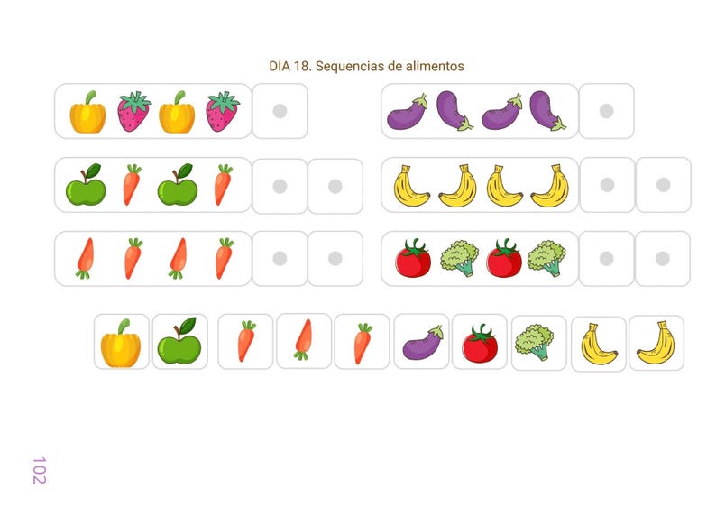 May include: A colorful educational chart with illustrations of fruits and vegetables. The chart includes images of apples, carrots, bananas, strawberries, eggplants, tomatoes, broccoli, and pumpkins. The text "DIA 18. Secuencias de alimentos" is at the top.