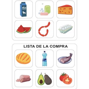 May include: A colorful illustration of a shopping list with various food items. The list includes milk, soap, cheese, watermelon, sausages, eggs, bread, a bottle of water, fish, sliced sausage, avocados, and tomatoes. The text "Dia 10. Lista de la compra" is at the top.