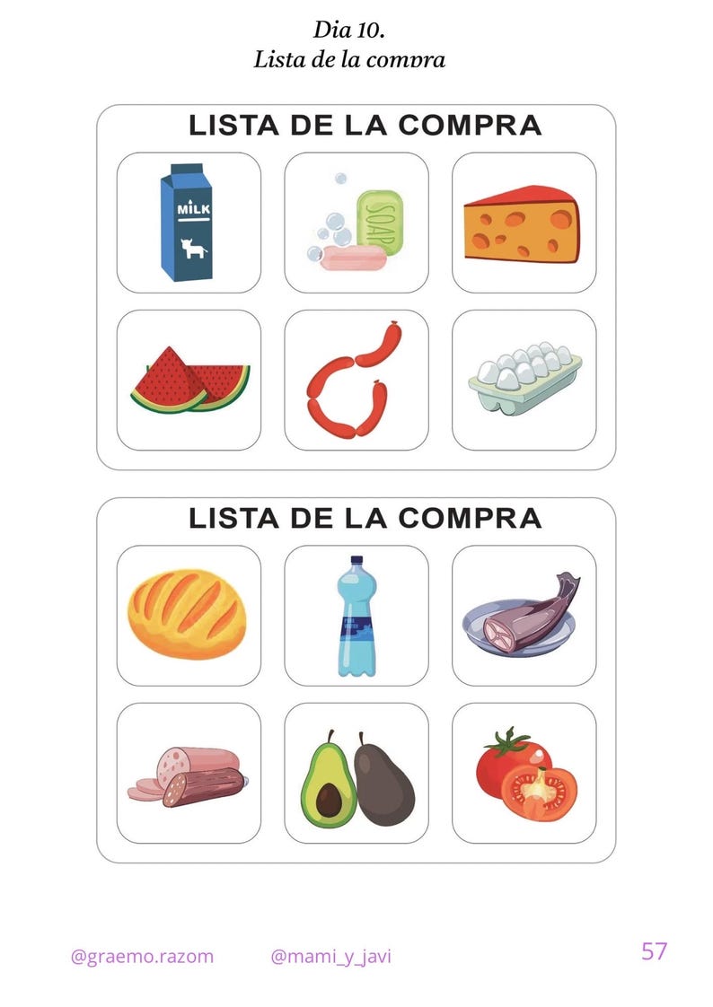 May include: A colorful illustration of a shopping list with various food items. The list includes milk, soap, cheese, watermelon, sausages, eggs, bread, a bottle of water, fish, sliced sausage, avocados, and tomatoes. The text "Dia 10. Lista de la compra" is at the top.