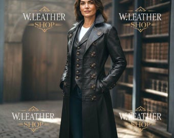 Halloween Witch Leather Trench Coat | Women’s Gothic Black Corset Jacket | Witchy Leather Coat for Women | Fantasy Cosplay Outfit