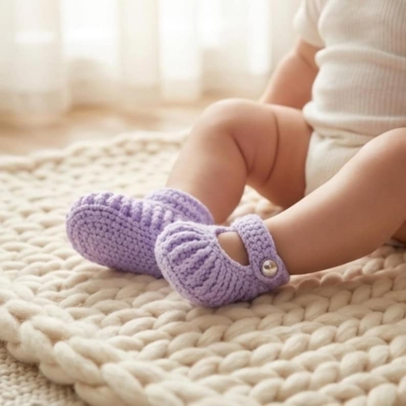 May include: A pair of light purple crochet baby shoes with a strap and button fastening. The shoes are on a cream-coloured, chunky knit blanket. The baby is wearing a white onesie.