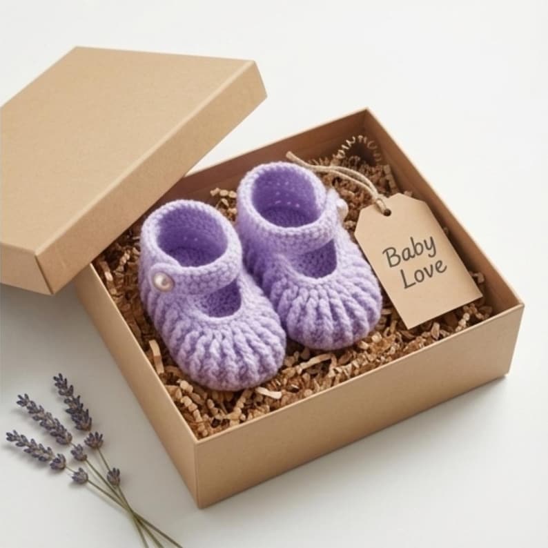 May include: A pair of lavender crochet baby shoes with a pearl button, presented in a brown gift box with shredded paper. A tag with the words "Baby Love" hangs from the box. A sprig of lavender is placed near the box.